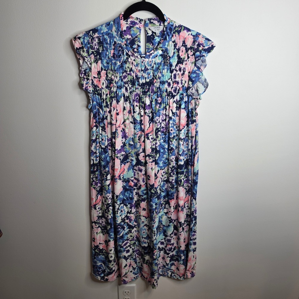 Crown & Ivy Floral Dress Women 1X Smocked Ruffle Sleeve